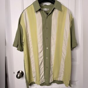 Geoffrey Beene 100% Silk Green and Off-white Striped Shirt Men’s Large